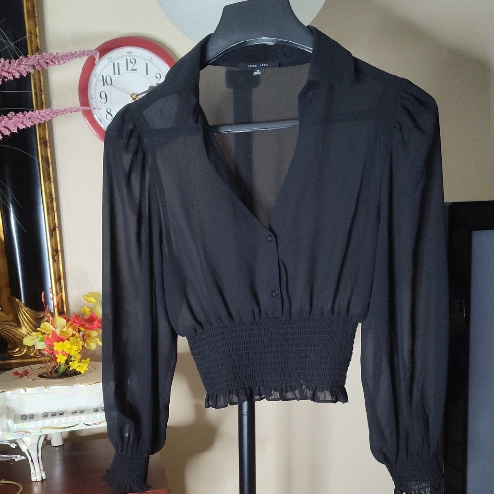 Love Tree Crop Top Blouse Black Sheer Size Medium